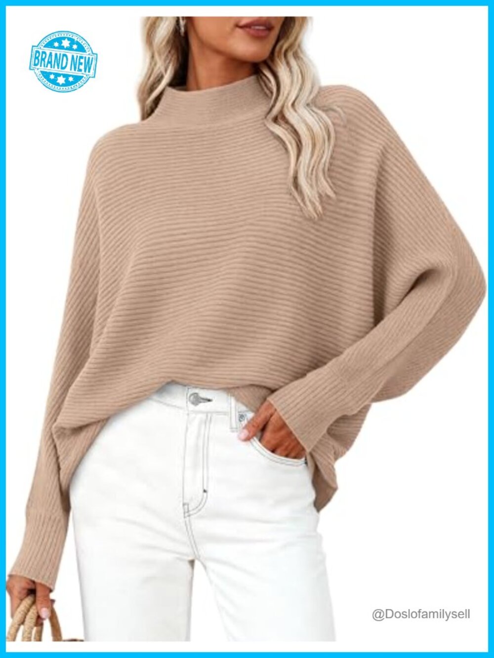 Oversized Ribbed Knit Mock Neck Batwing Sleeve Pullover Sweater